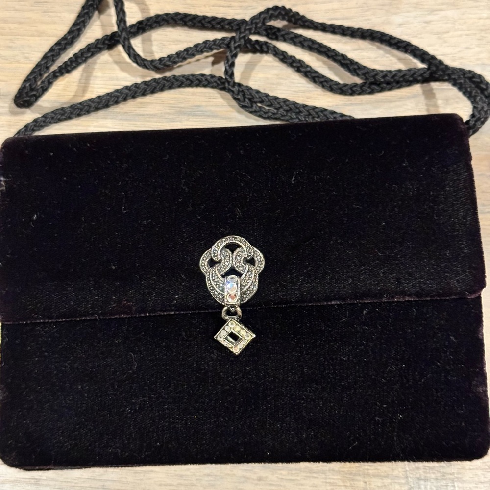 Y&S Original Black Velvet Evening Bag with Art Deco Rhinestone Clasp, Cord Strap
